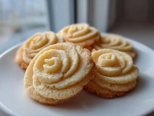 A close-up of several golden, rose-shaped butter cookie treats arranged on a white plate.