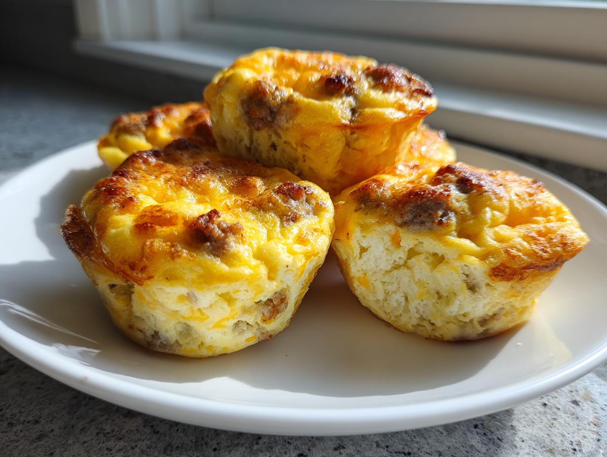 Four golden brown sausage and egg bites, baked in muffin tins, sitting on a white plate.
