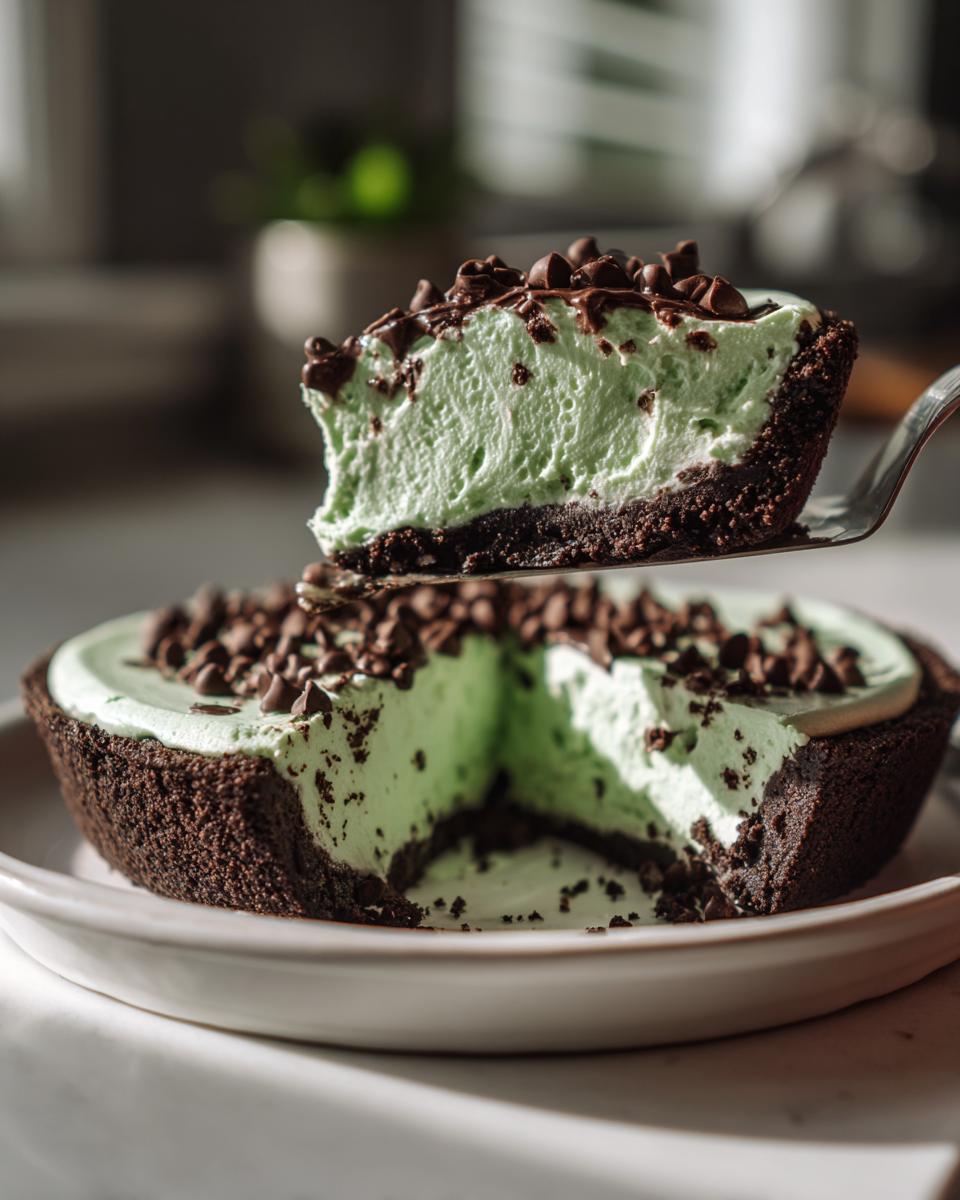 A slice of creamy green grasshopper pie being lifted out of the whole pie, topped with chocolate chips.