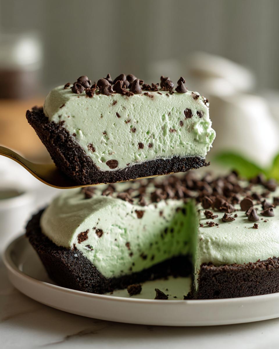 A slice of creamy, mint-green grasshopper pie with chocolate chips being lifted from the whole pie.
