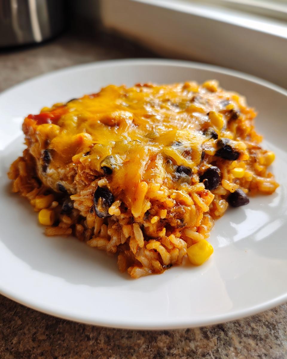 A close-up of a serving of Mexican rice casserole topped with melted orange cheddar cheese, black beans, and corn.
