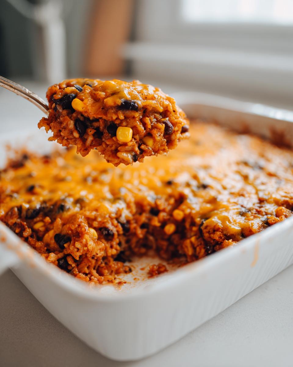 A spoonful of cheesy mexican rice casserole, featuring black beans and corn, lifted from the baking dish.