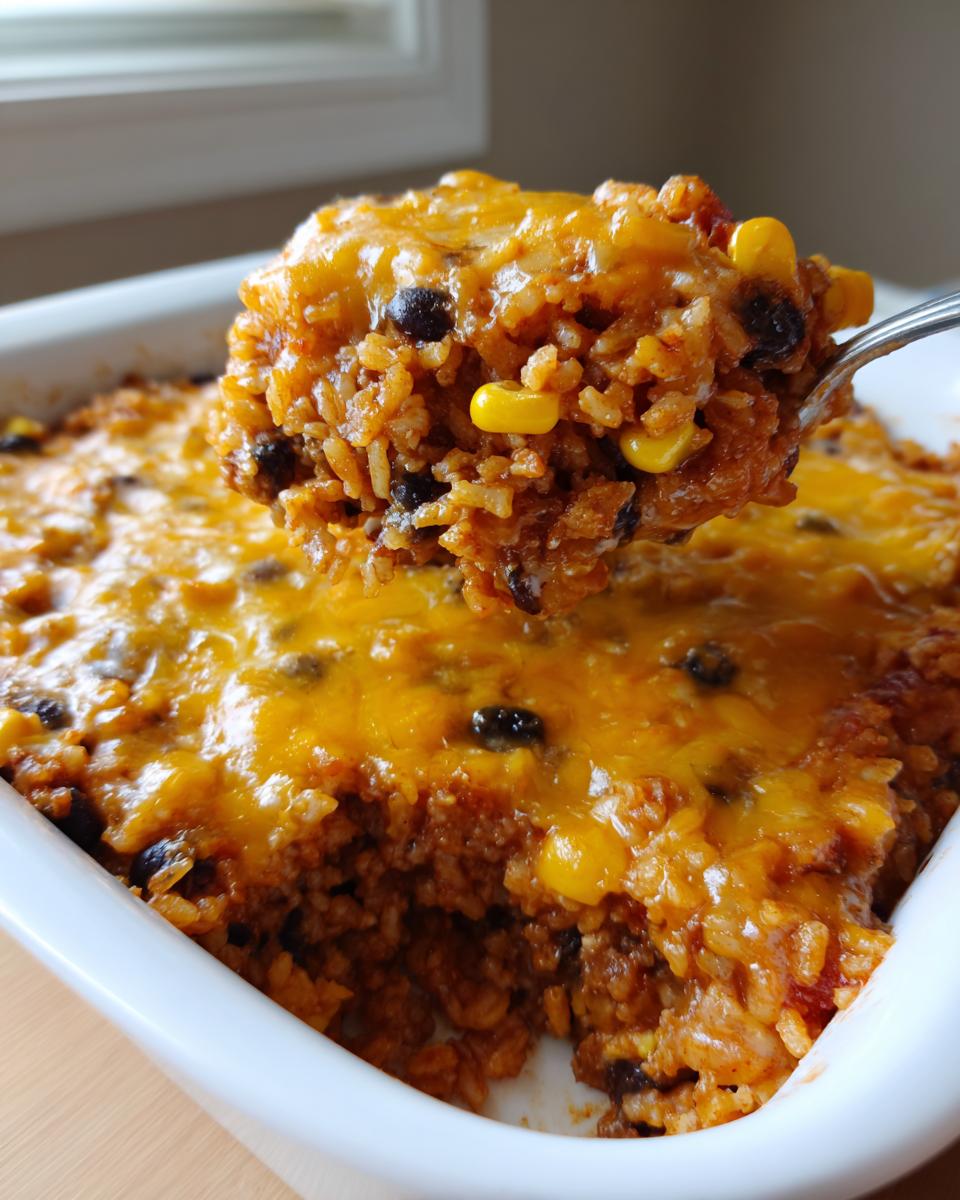 A spoonful of cheesy mexican rice casserole with black beans and corn being lifted from a white baking dish.