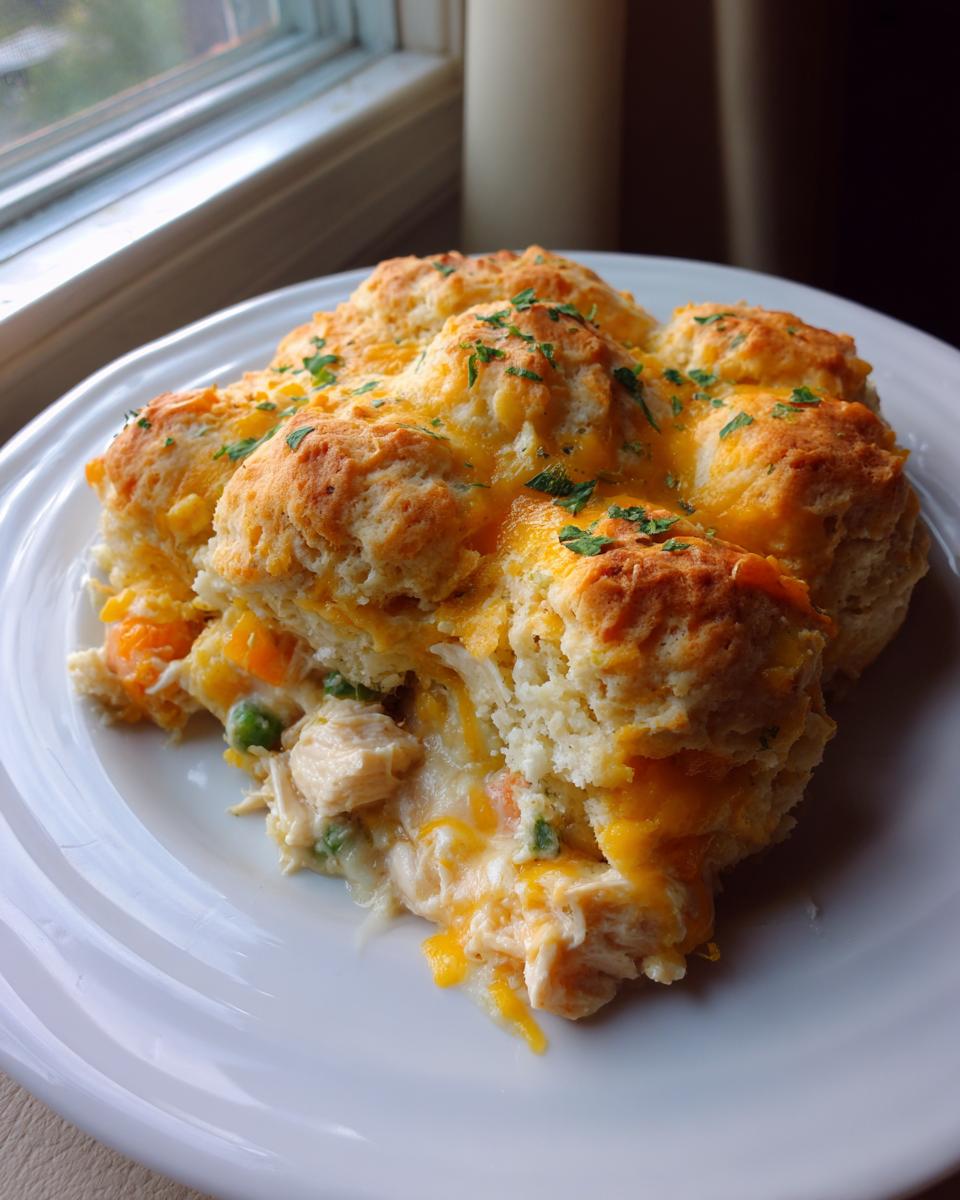 A generous serving of cheesy chicken cobbler with fluffy biscuits and vegetables on a white plate.