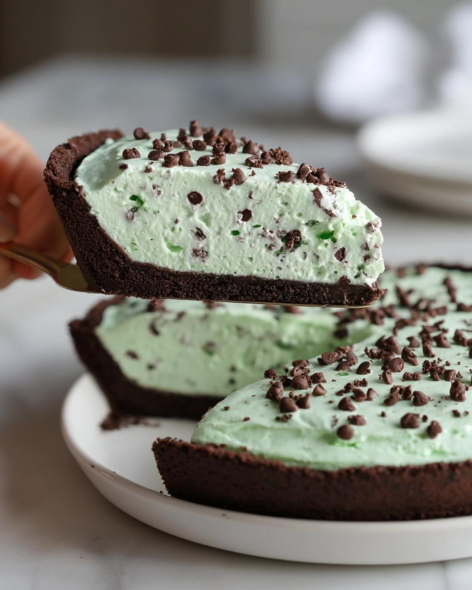 A slice of light green grasshopper pie with chocolate chips being lifted from the rest of the pie.