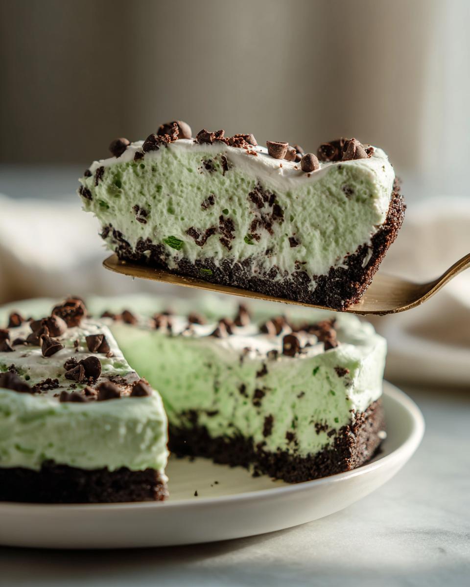 A slice of light green, minty grasshopper pie with chocolate chips being lifted from the rest of the pie.