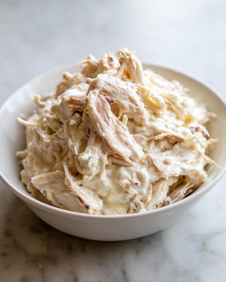 A white bowl filled with shredded chicken mixed in a creamy sauce, an ingredient for homemade cream of chicken soup.