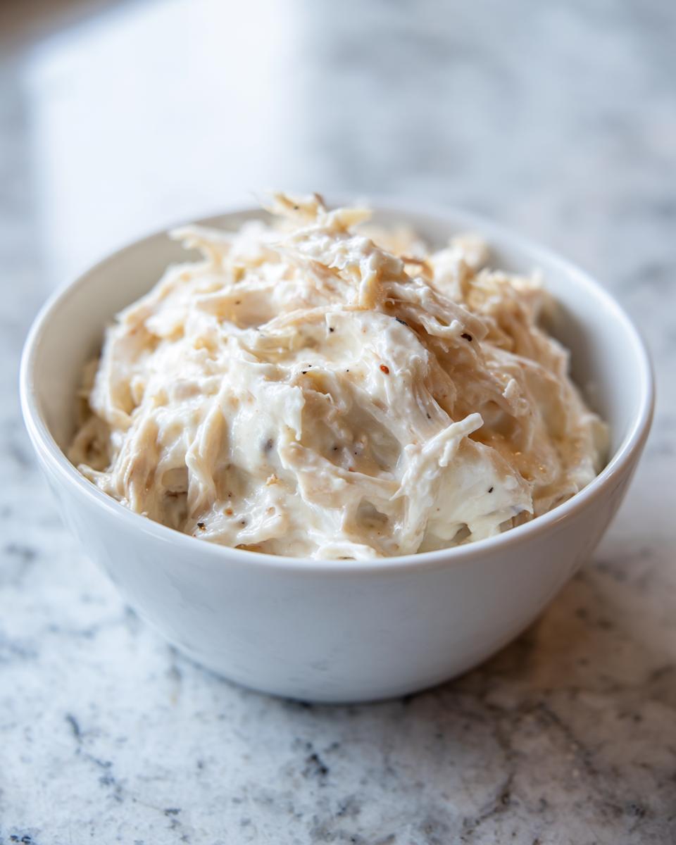 Close-up of shredded chicken mixed in a rich, creamy sauce, resembling homemade cream of chicken soup base.
