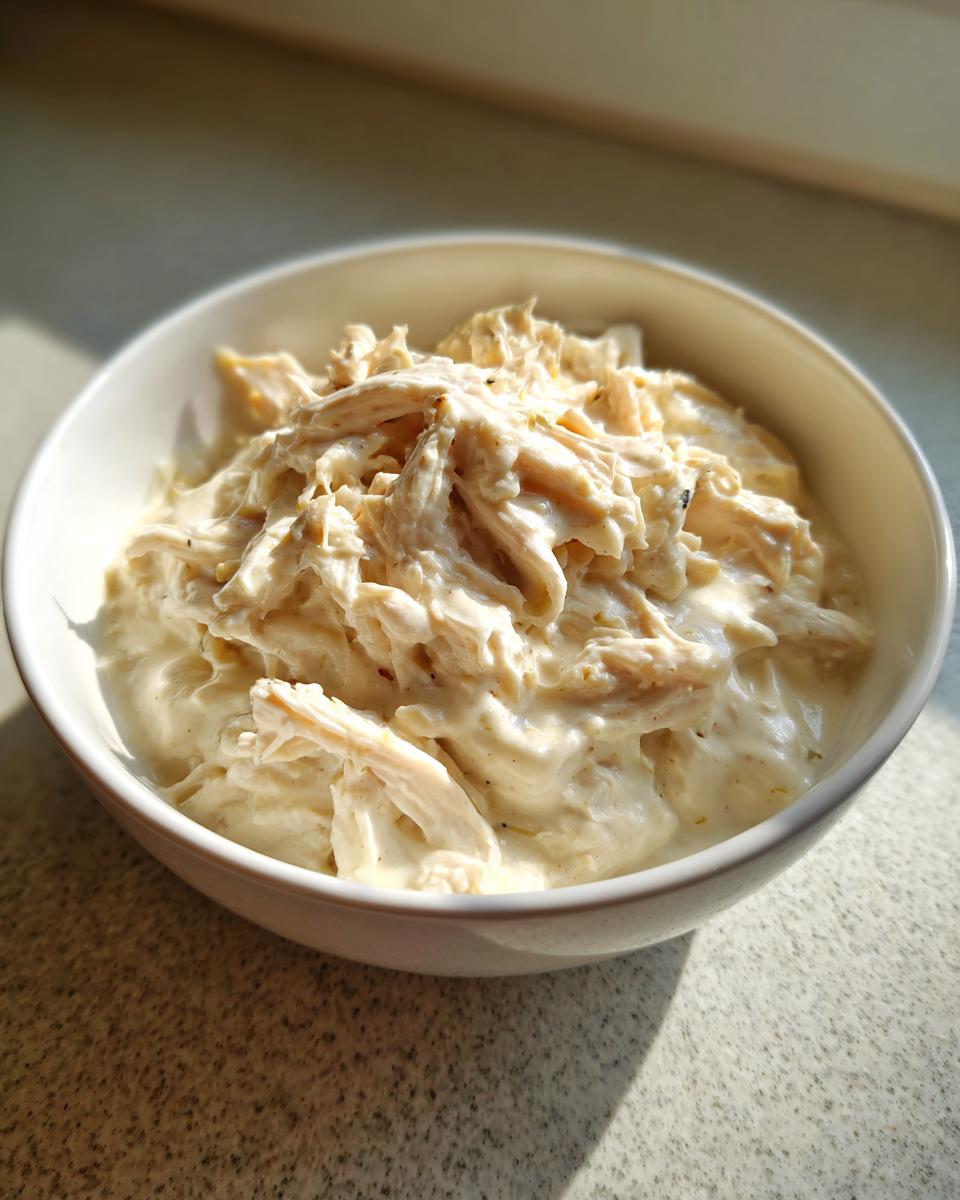 A white bowl filled with shredded chicken mixed into a creamy sauce, perfect for homemade cream of chicken soup.