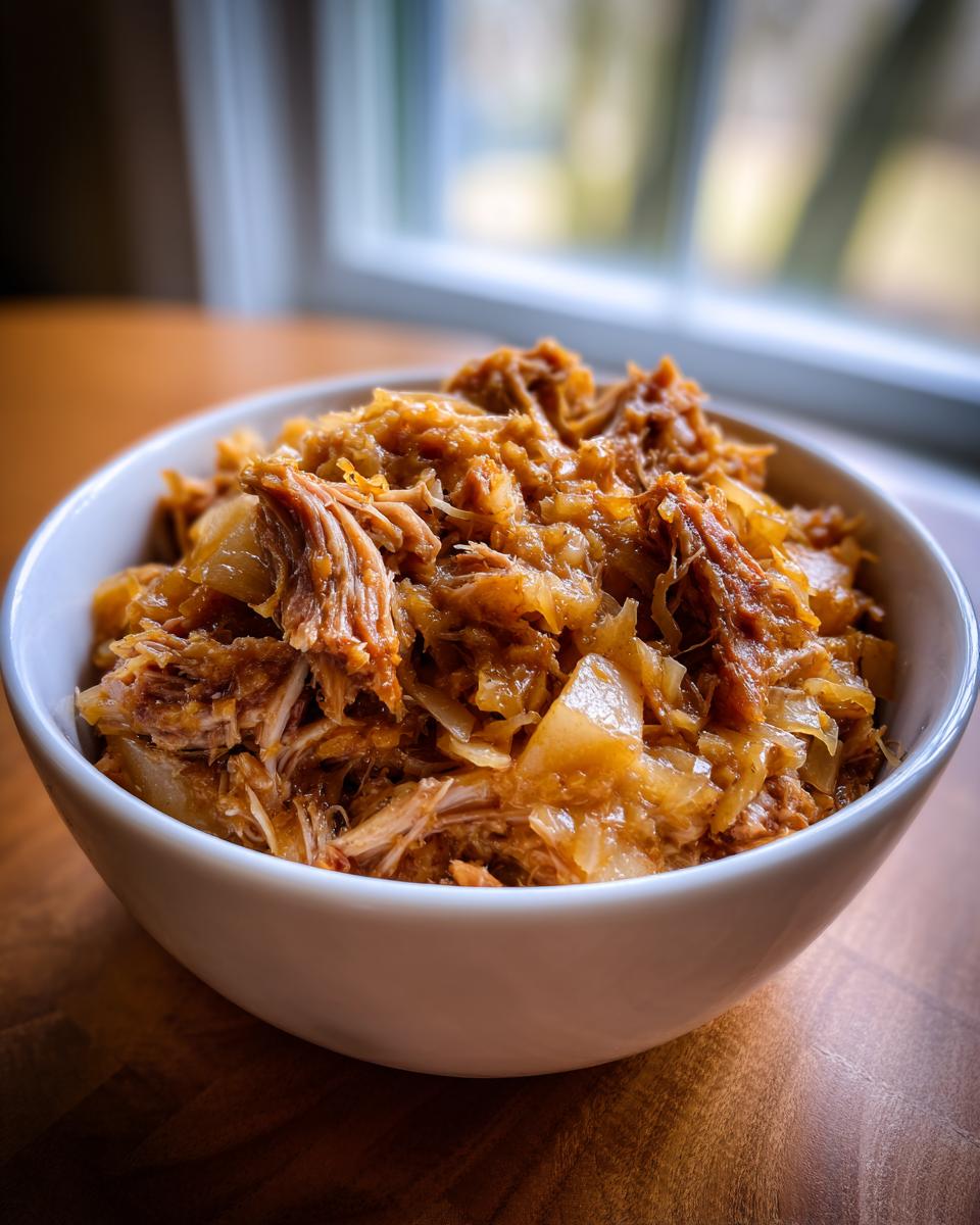 A close-up of tender, shredded pork and sauerkraut mixture served in a white bowl.