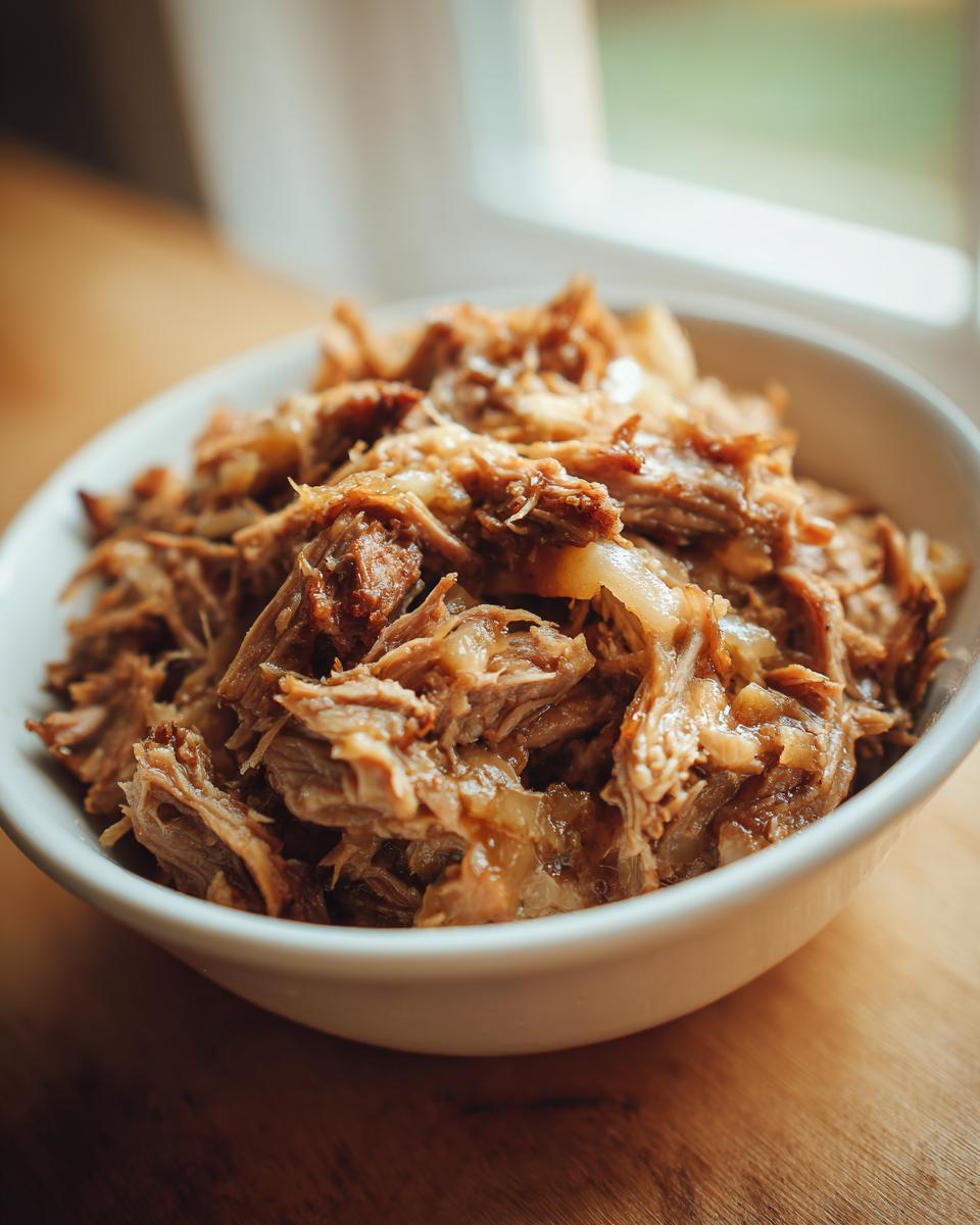 Close-up of a white bowl filled with tender, shredded pork and sauerkraut mixture.