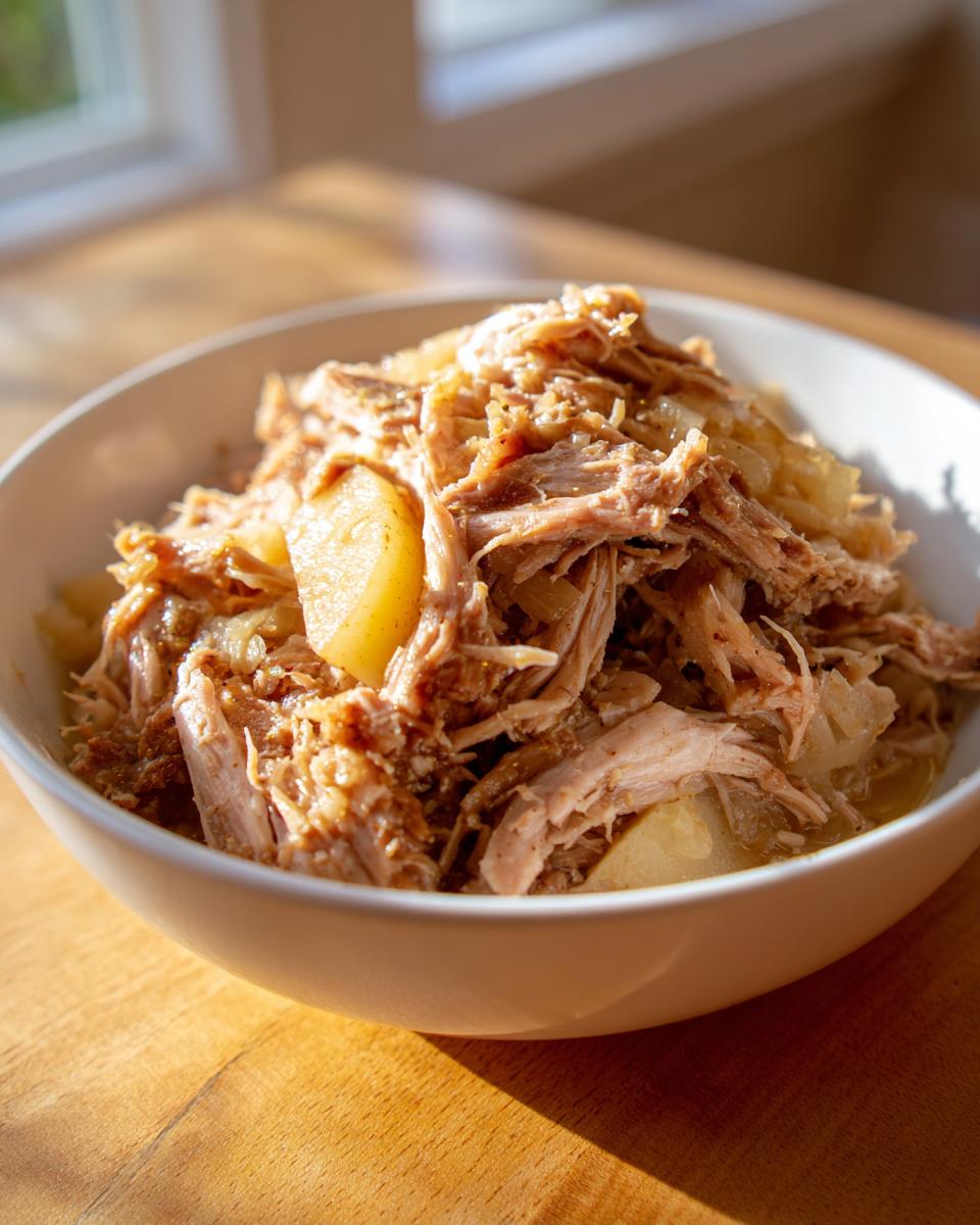 A close-up of a white bowl filled with tender, shredded pork and sauerkraut, featuring chunks of potato.