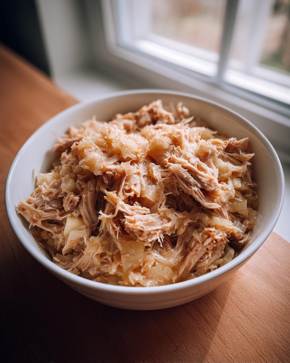 A white bowl filled with tender, shredded pork and sauerkraut mixture, set near a bright window.