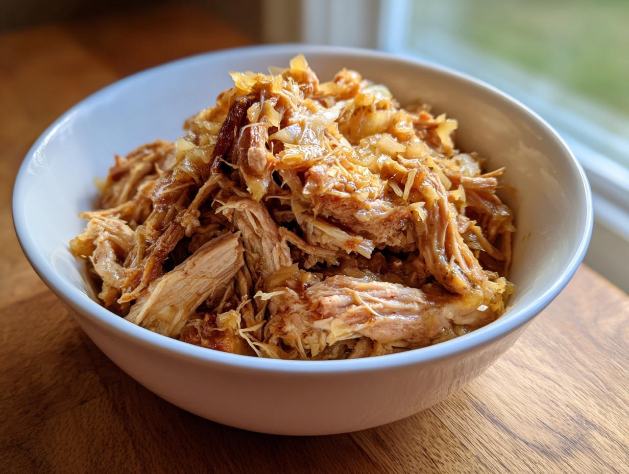 Close-up of tender, shredded pork and sauerkraut mixture served in a white bowl.