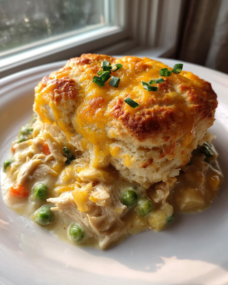 A close-up of a single serving of chicken cobbler with a cheesy biscuit top and creamy chicken and vegetable filling.