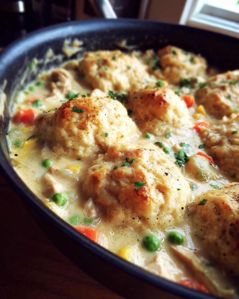 Close-up of fluffy, golden gluten free chicken and dumplings simmering in a creamy sauce with peas and carrots.