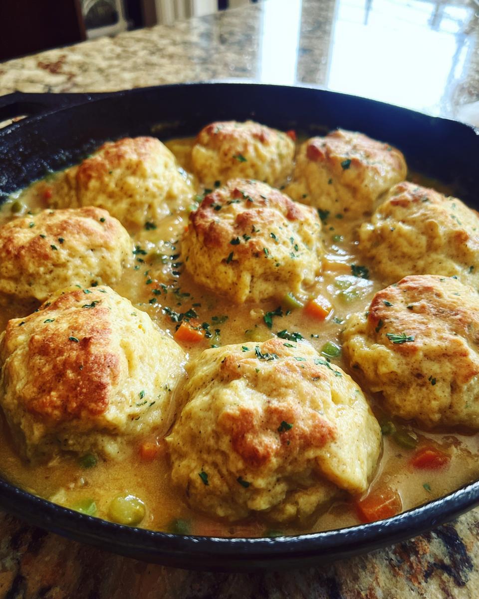 Close-up of fluffy dumplings topping a creamy stew in a cast iron skillet, showcasing the gluten free chicken and dumplings recipe.