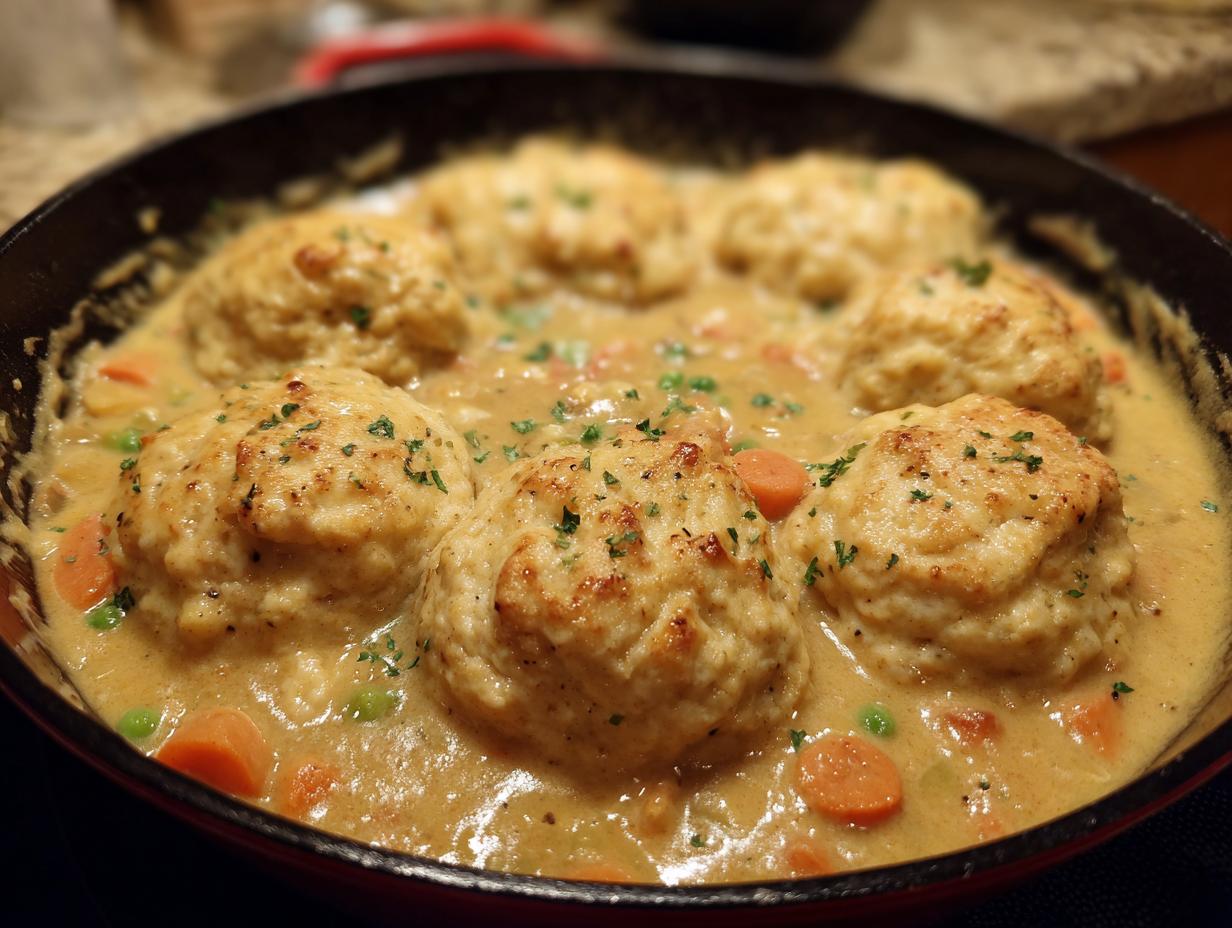Close-up of golden-brown dumplings nestled in creamy sauce with carrots and peas in a cast iron skillet of gluten free chicken and dumplings.
