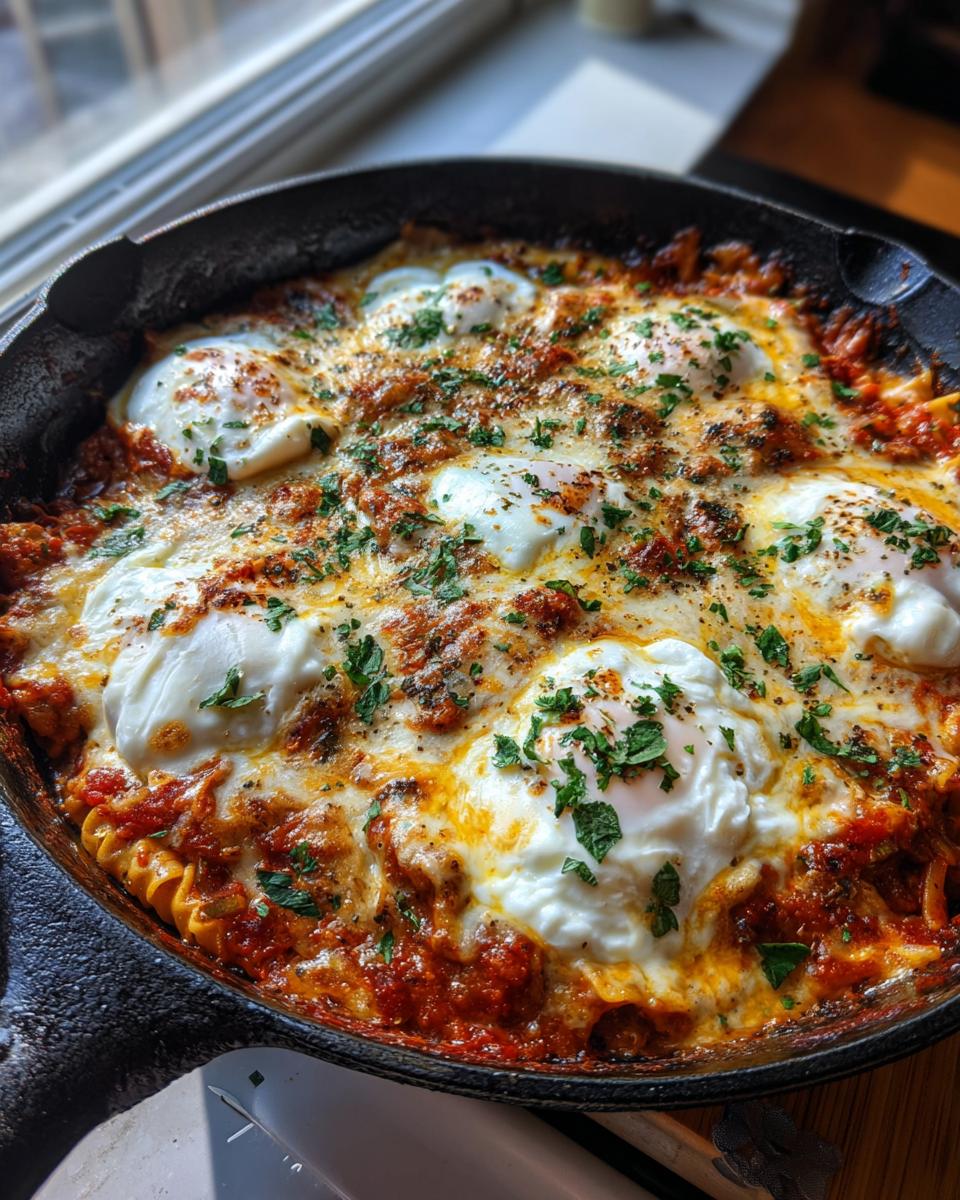 Close-up of a bubbling skillet lasagna topped with baked eggs, melted cheese, and fresh parsley in a cast iron pan.