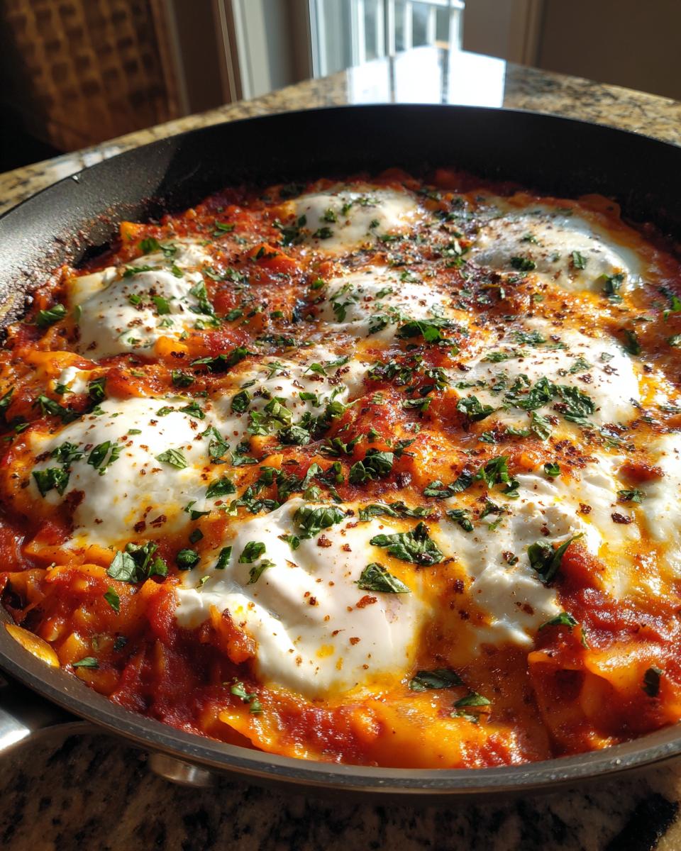 Close-up of eggs poached in a rich tomato sauce in a black skillet, garnished with herbs, part of the skillet lasagna recipe.