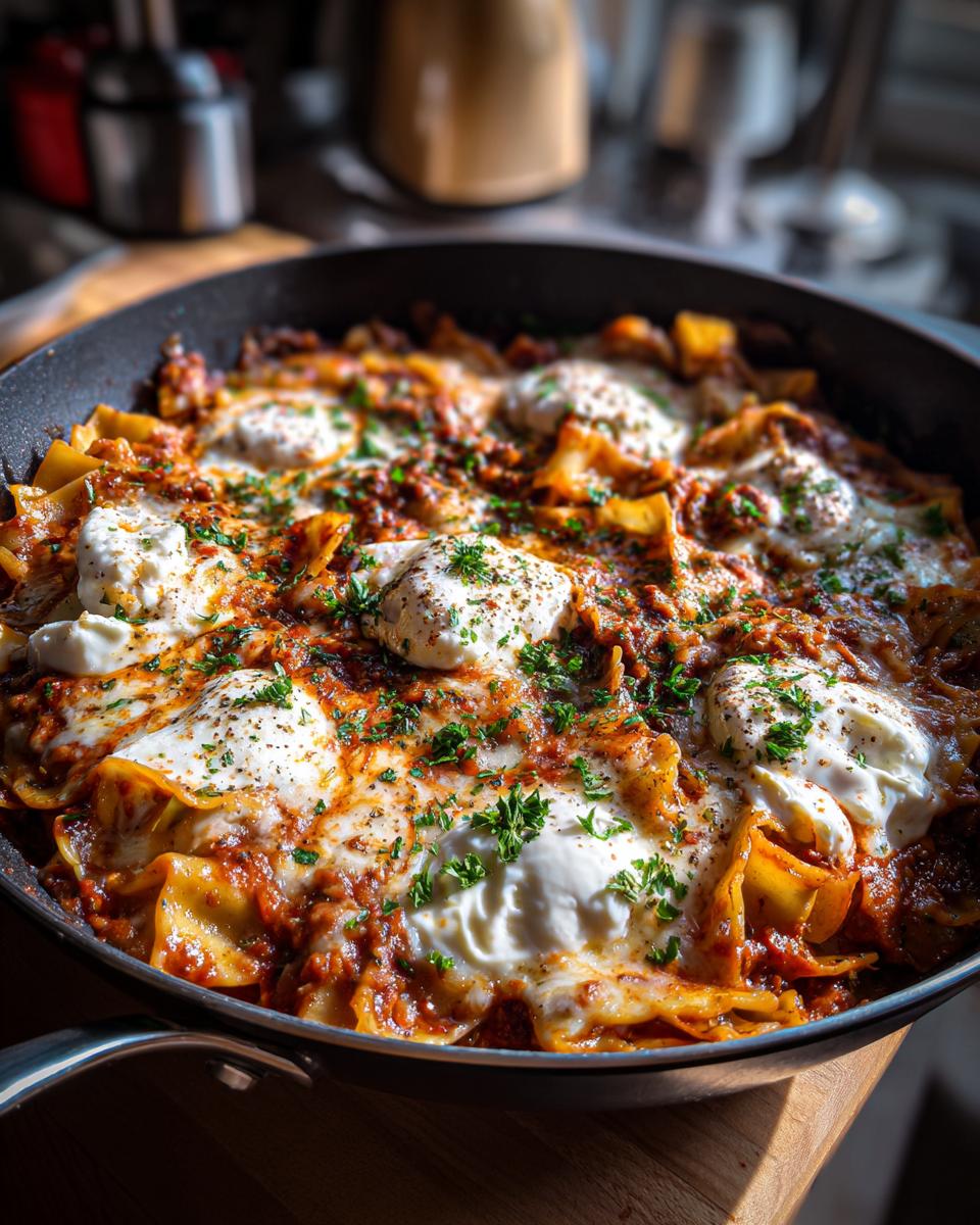 Close-up of rich skillet lasagna topped with dollops of ricotta cheese and fresh parsley.