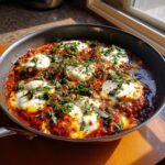 Close-up of a rich, saucy dish resembling skillet lasagna topped with dollops of white cheese and fresh herbs.