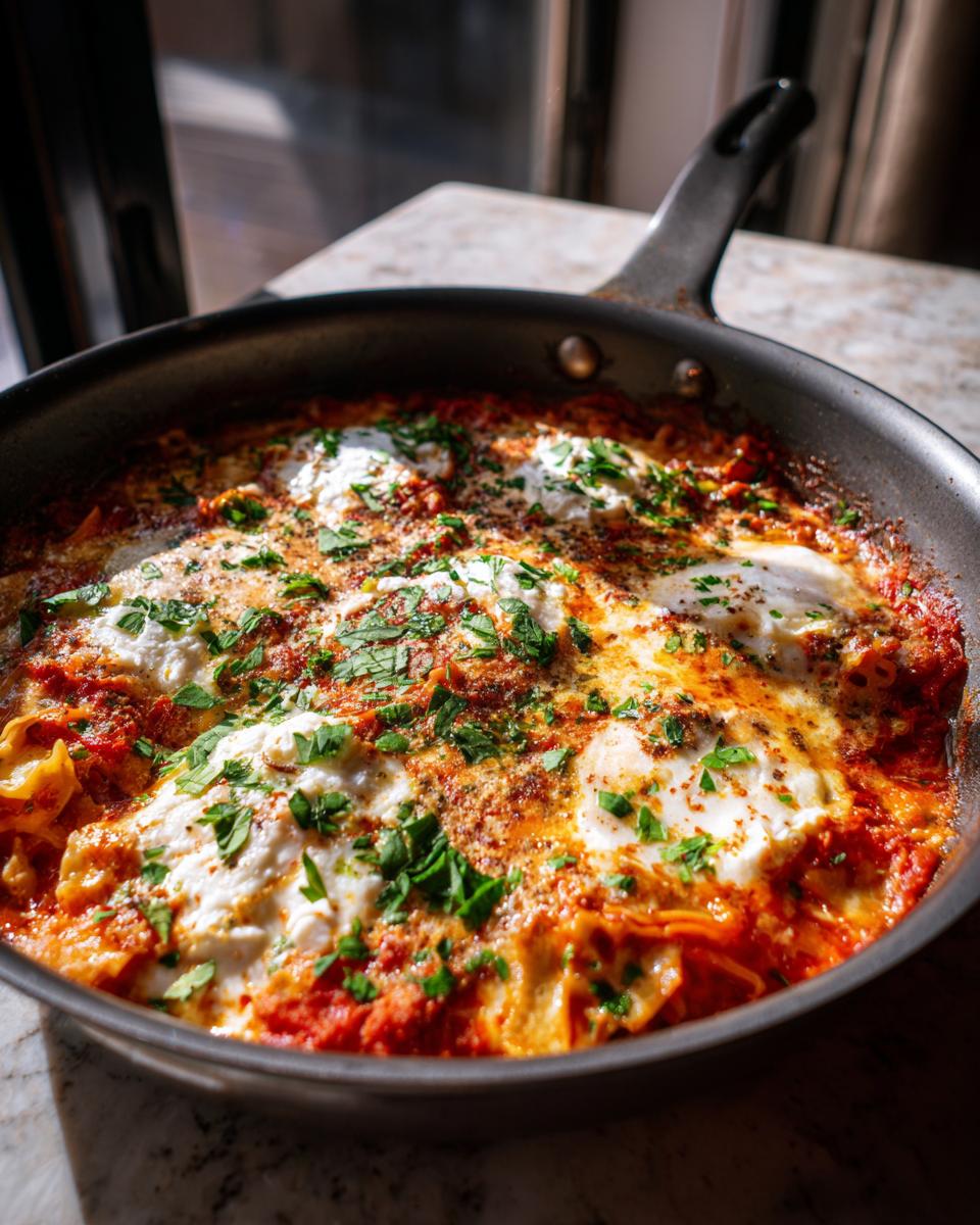 A close-up of 30-Minute Skillet Lasagna topped with baked eggs, ricotta, and fresh parsley.
