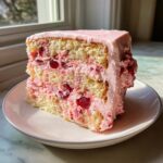 Close-up of a moist slice of 3-layer cherry cake featuring yellow sponge, pink cherry filling, and pink frosting.