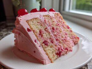 A generous slice of moist cherry cake with visible red cherry pieces, covered in thick pink frosting and topped with maraschino cherries.