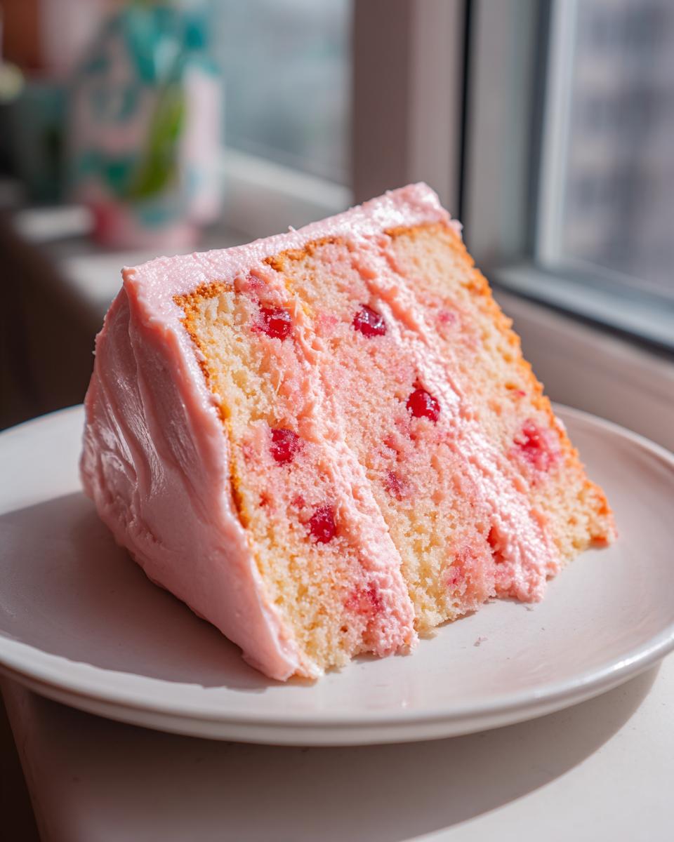 A tall, moist slice of 3-layer cherry cake featuring pink frosting and visible cherry pieces throughout the layers.