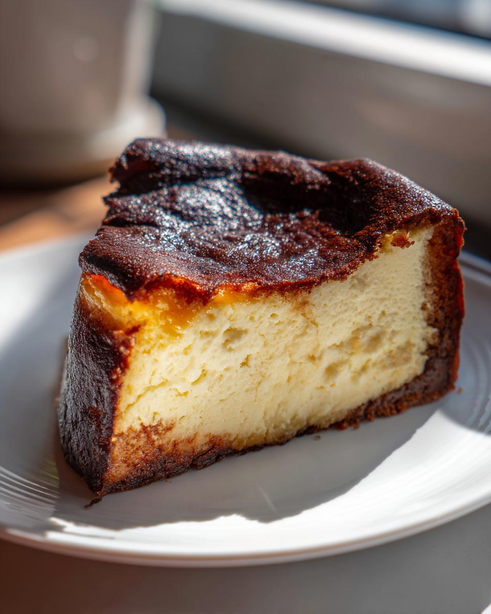 A close-up slice of creamy basque burnt cheesecake showing its signature dark, caramelized top and light interior.