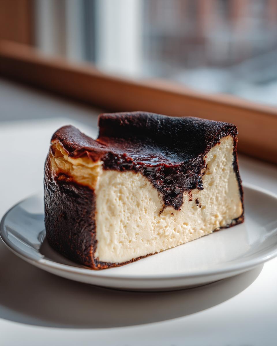 A thick slice of creamy basque burnt cheesecake with a dark, caramelized top, served on a white plate.