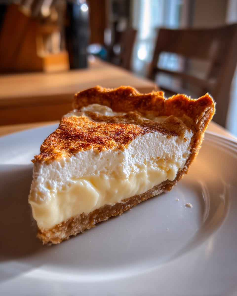A close-up slice of rich butterscotch pie featuring a creamy filling, graham cracker crust, and torched meringue topping.