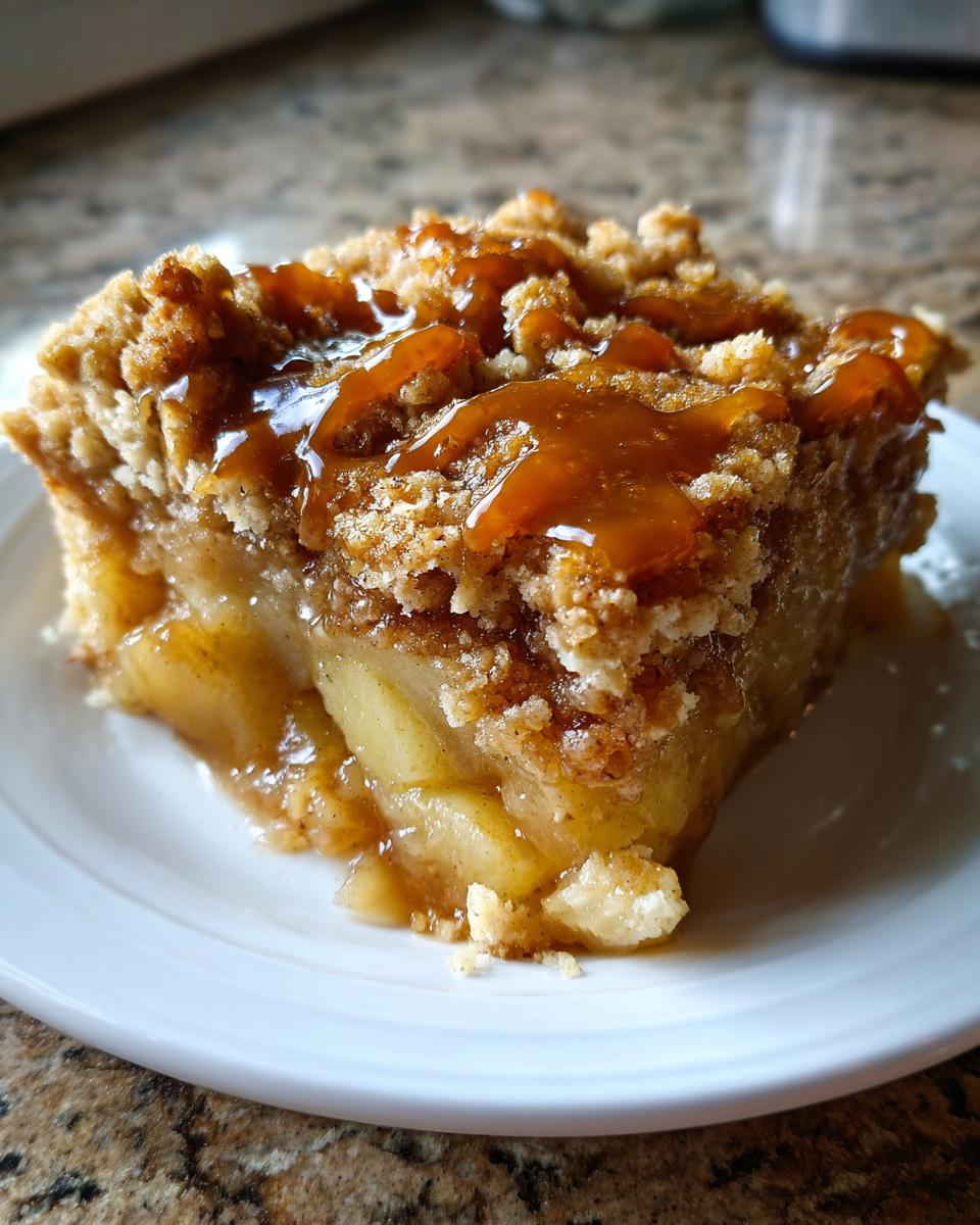 Close-up of a decadent slice of caramel apple dump cake with a crumb topping and caramel drizzle.