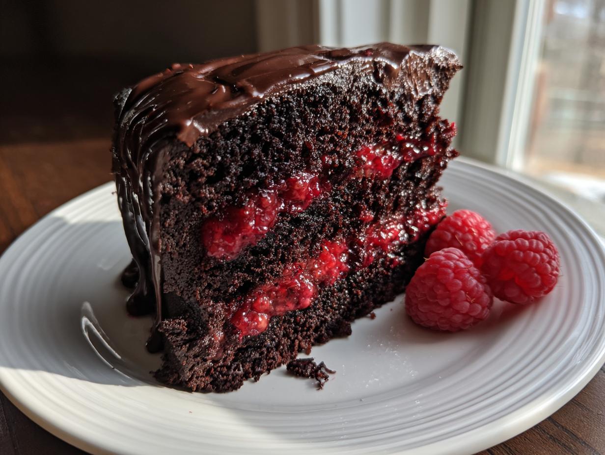A decadent slice of chocolate raspberry cake showing dark layers, raspberry filling, and a rich chocolate ganache drip.