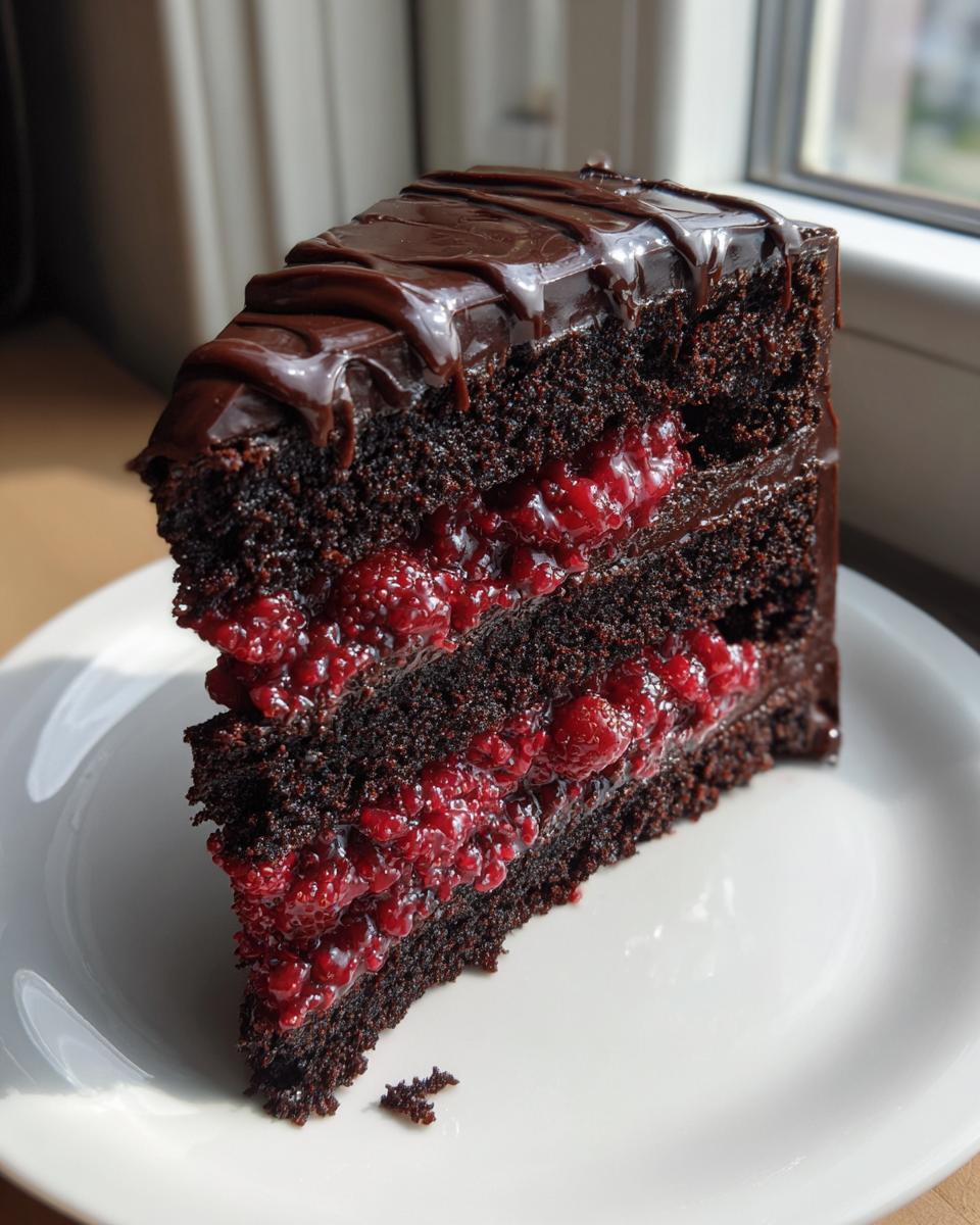 A decadent slice of chocolate raspberry cake showing three dark chocolate layers filled with bright red raspberries and topped with chocolate ganache.