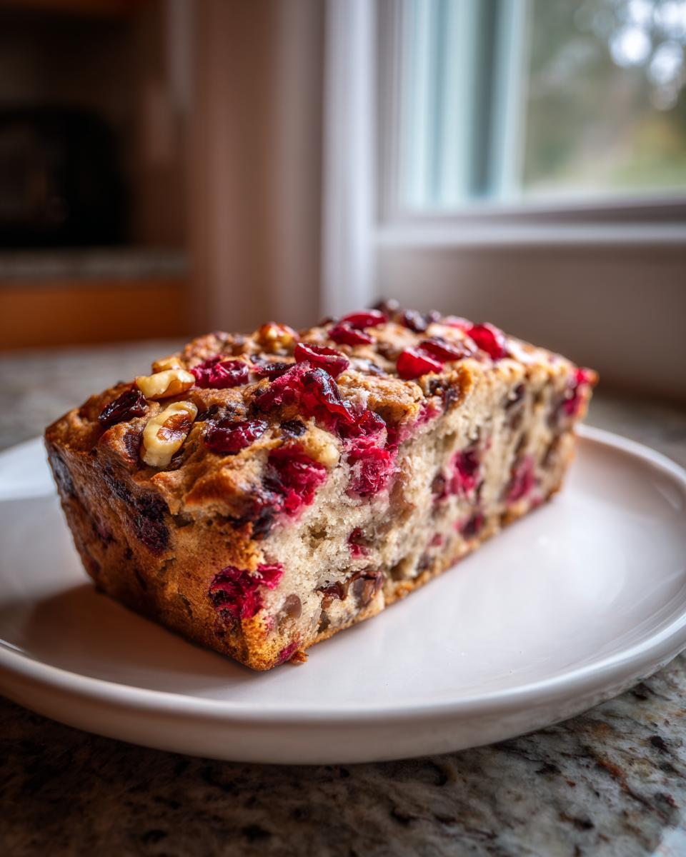 A close-up of a moist slice of cranberry walnut bread, studded with bright red cranberries and walnuts, served on a white plate.