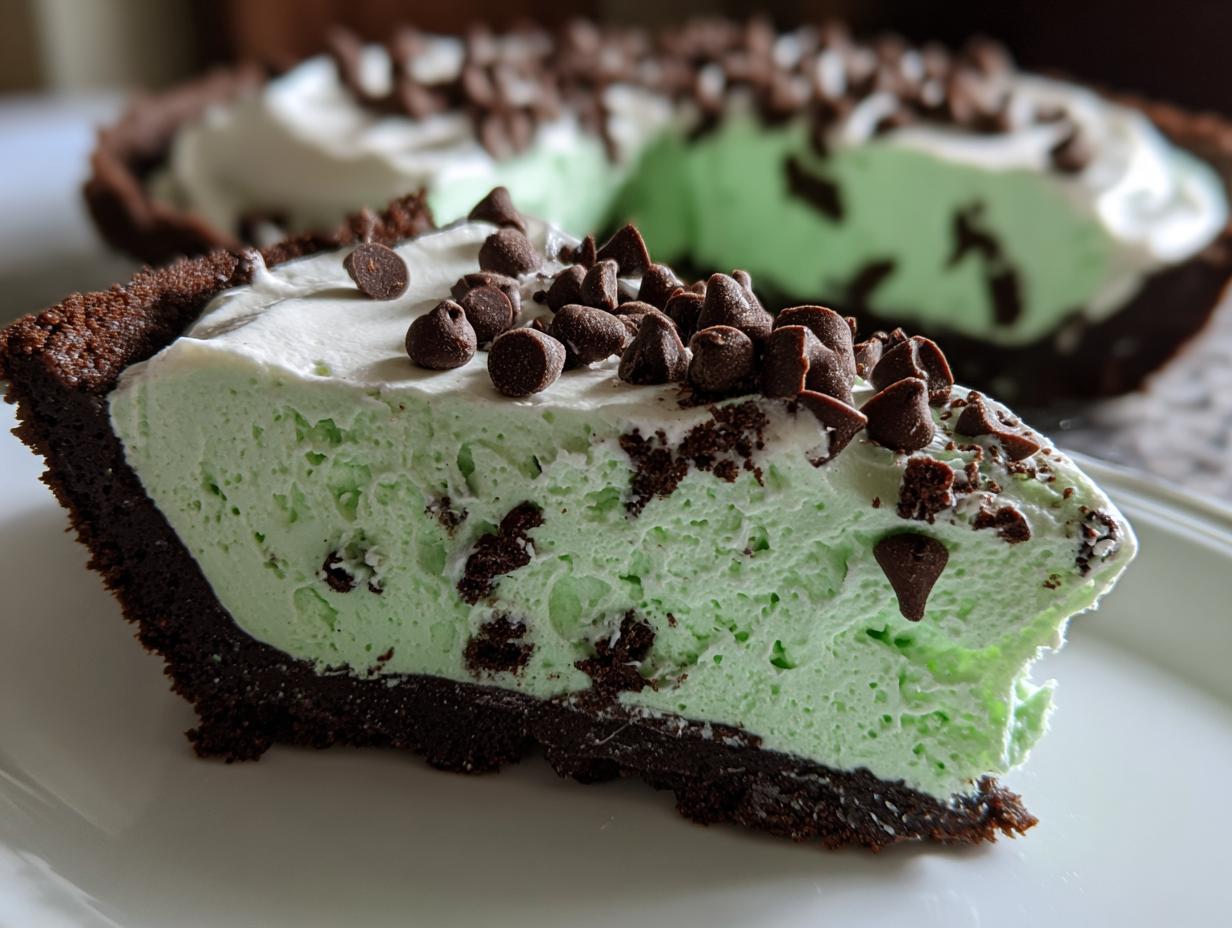 A close-up slice of vibrant green grasshopper pie with a dark chocolate crust, topped with whipped cream and mini chocolate chips.