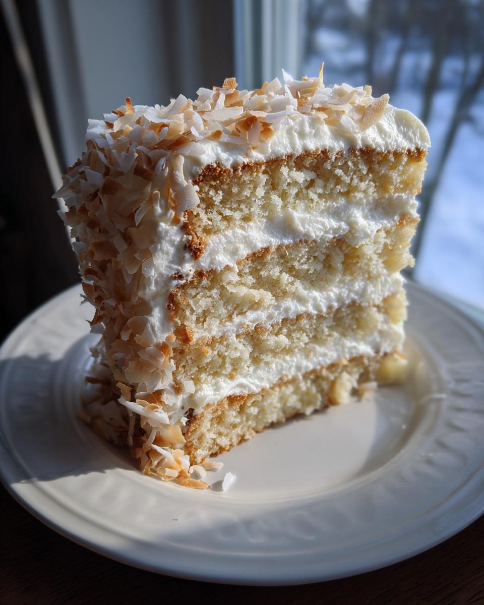 A tall, three-layer slice of homemade coconut cake recipe covered in white frosting and toasted coconut flakes.