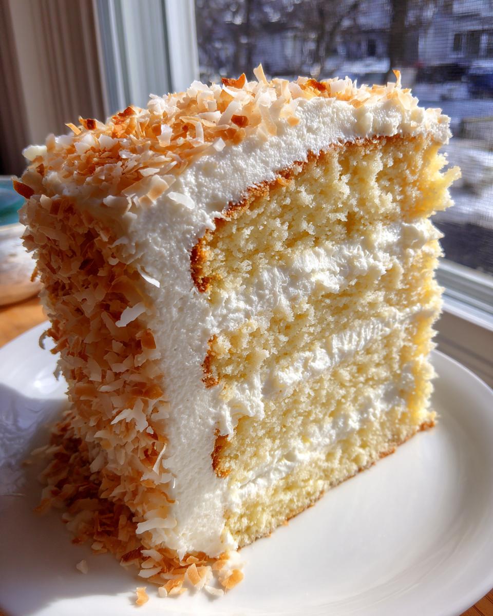 A tall, moist slice of homemade coconut cake recipe layered with white frosting and covered in toasted coconut flakes.