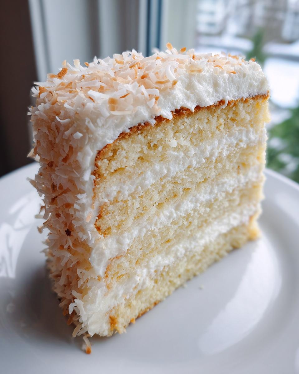 Close-up of a tall slice of homemade coconut cake recipe with white frosting and toasted coconut flakes.