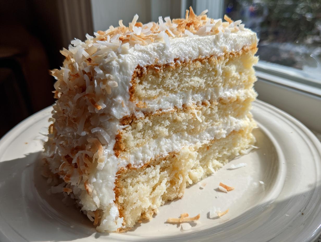 A tall slice of homemade coconut cake recipe with white frosting and toasted coconut flakes on a light plate.