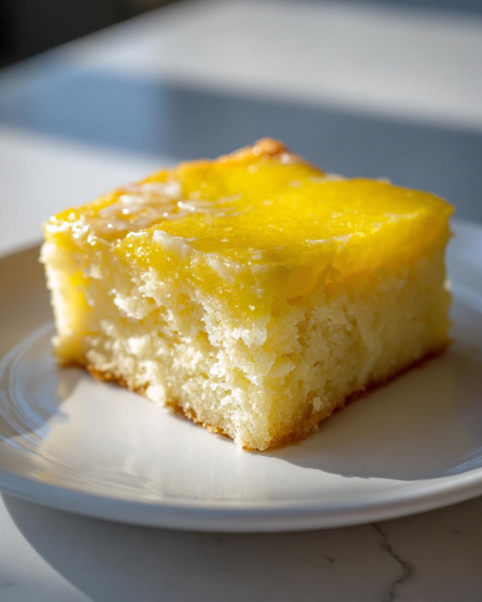A single square slice of moist lemon brownies topped with a vibrant yellow lemon glaze.