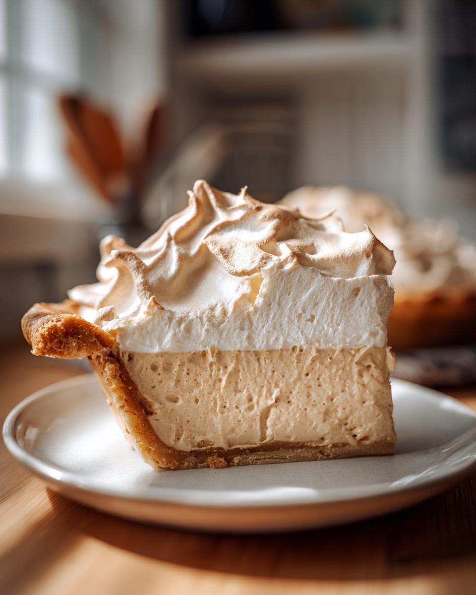 A thick slice of creamy butterscotch pie topped with toasted meringue, served on a small white plate.