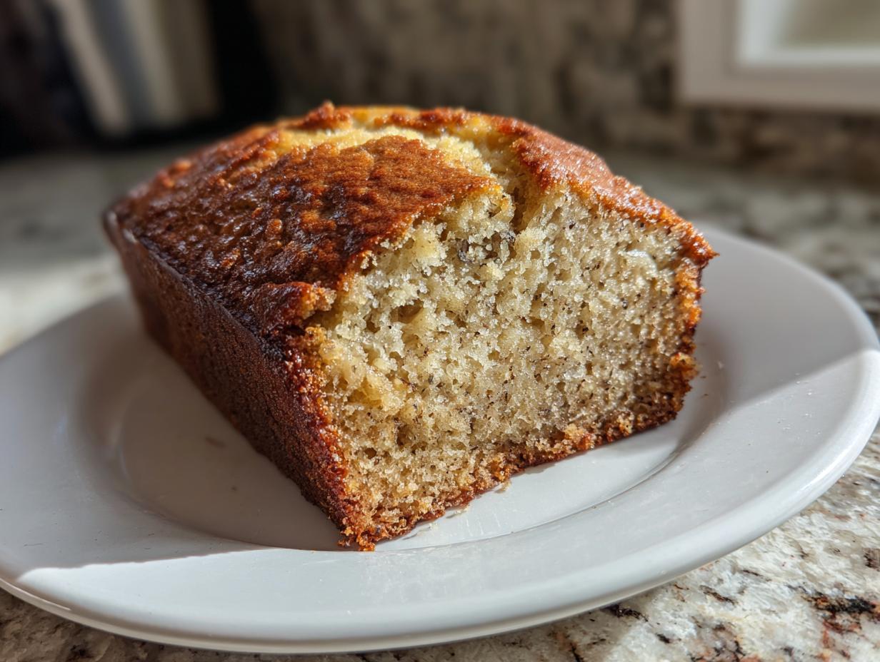 Close-up of a thick slice of homemade banana bread recipe with a dark golden crust, sitting on a white plate.