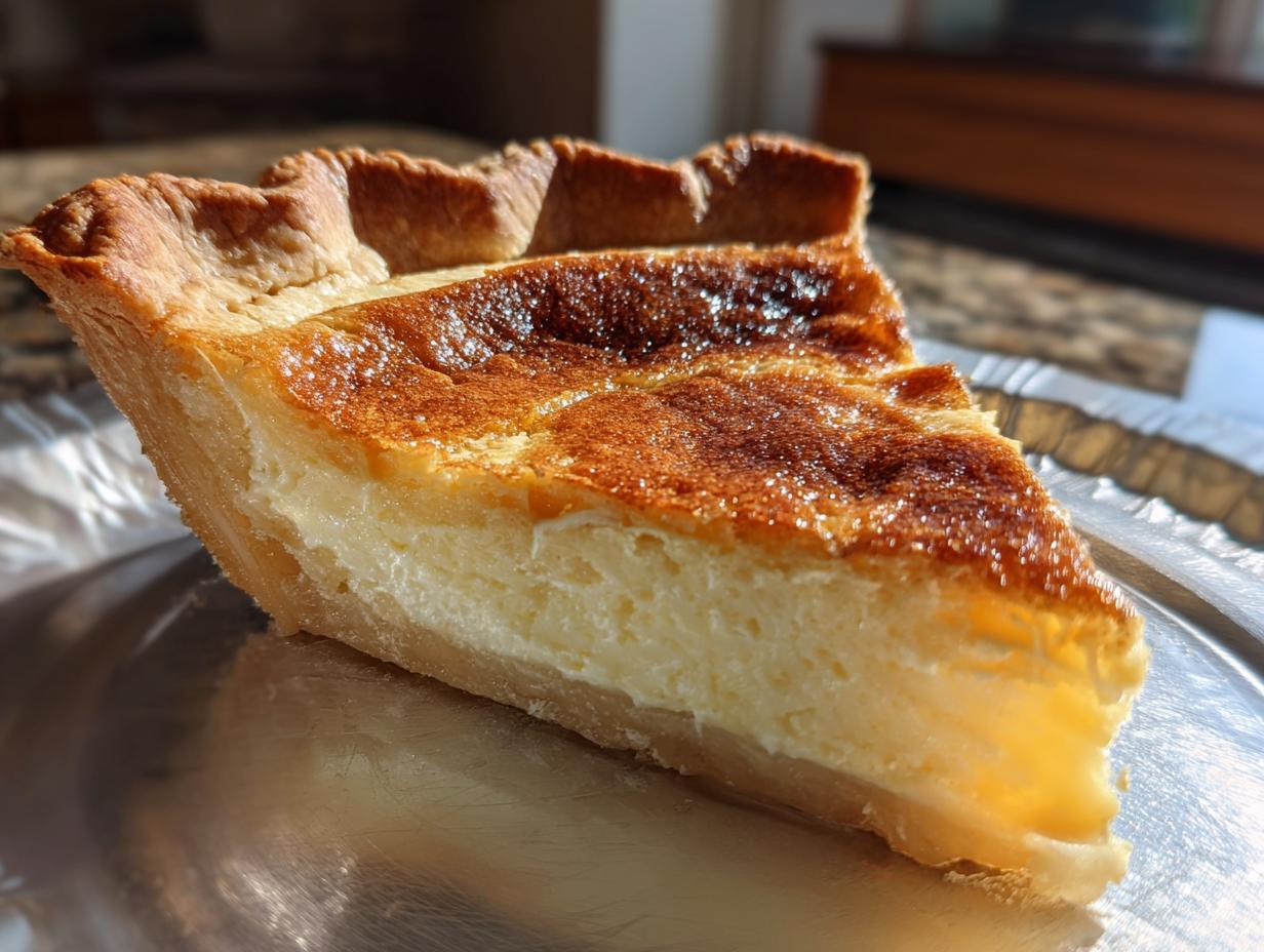 A close-up of a thick slice of butterscotch pie showing the creamy filling and a beautifully browned, caramelized top crust.