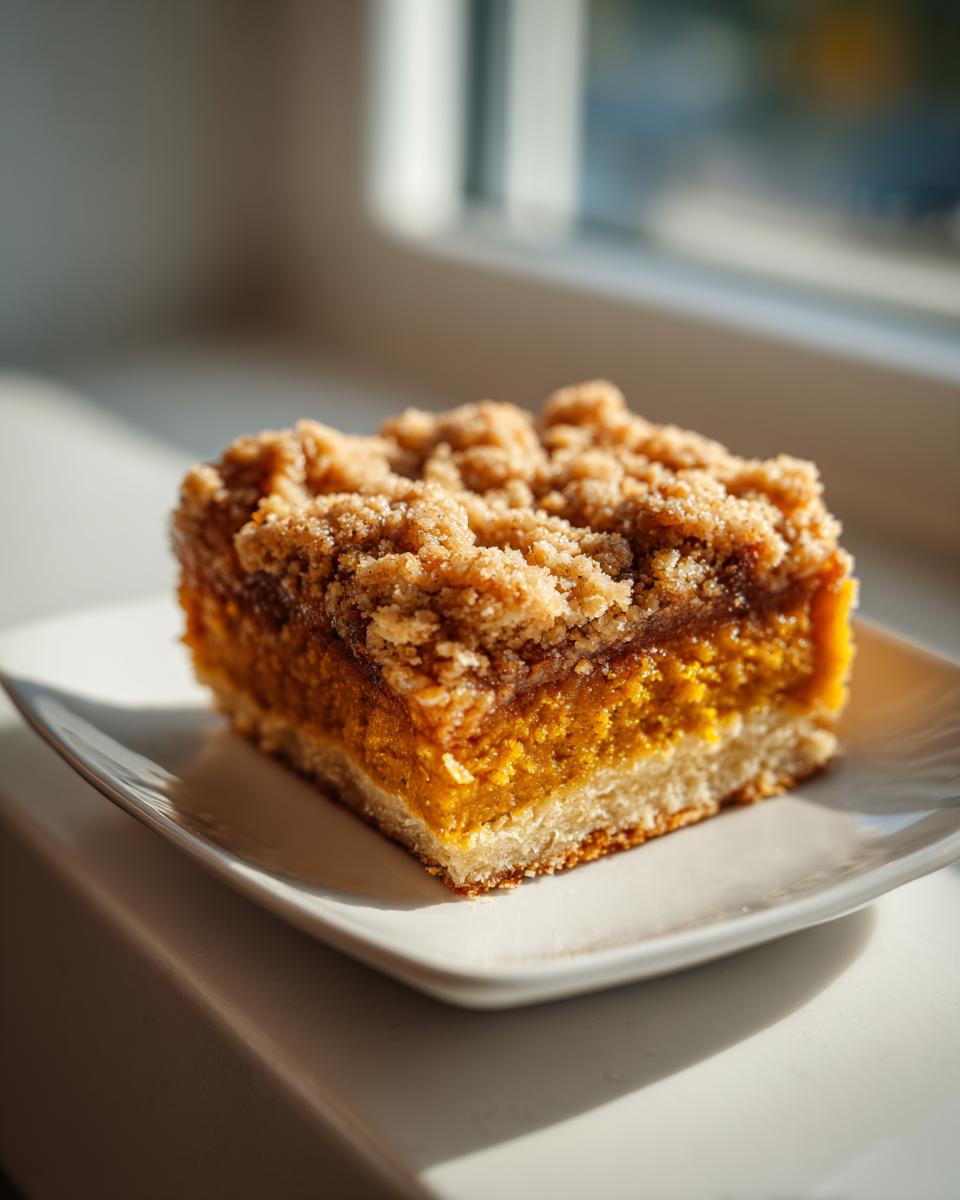 A square slice of 3-layer pumpkin crunch dessert with a thick crumble topping on a white plate.