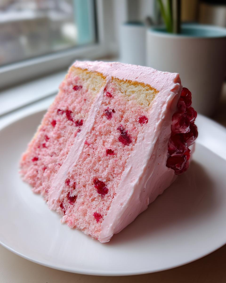 A moist slice of pink cherry cake with visible cherry pieces, layered with frosting, served on a white plate.