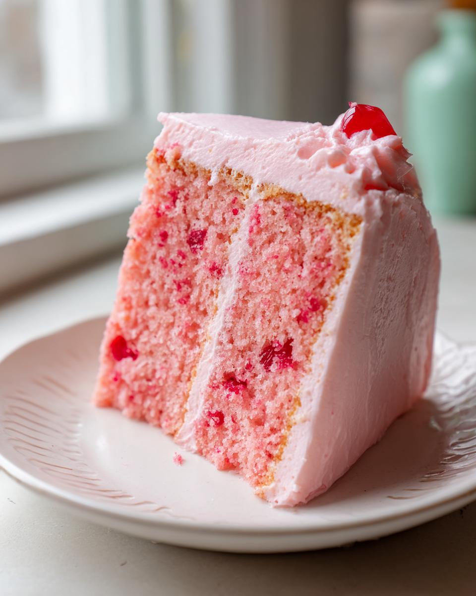 A moist slice of pink layer cherry cake with pink frosting, topped with a maraschino cherry.