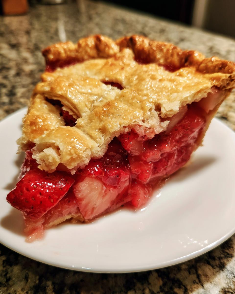 Close-up of a thick slice of strawberry rhubarb pie showing the flaky golden crust and vibrant red, juicy fruit filling.